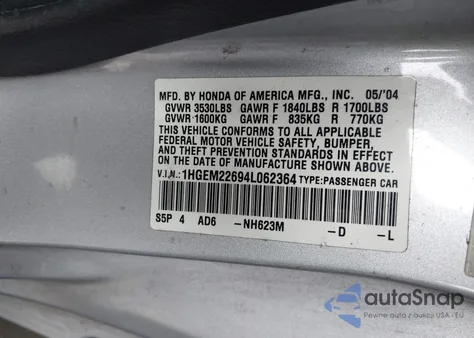 2004 Honda Civic Lx from USA, damaged, VIN 1HGEM22694L062364